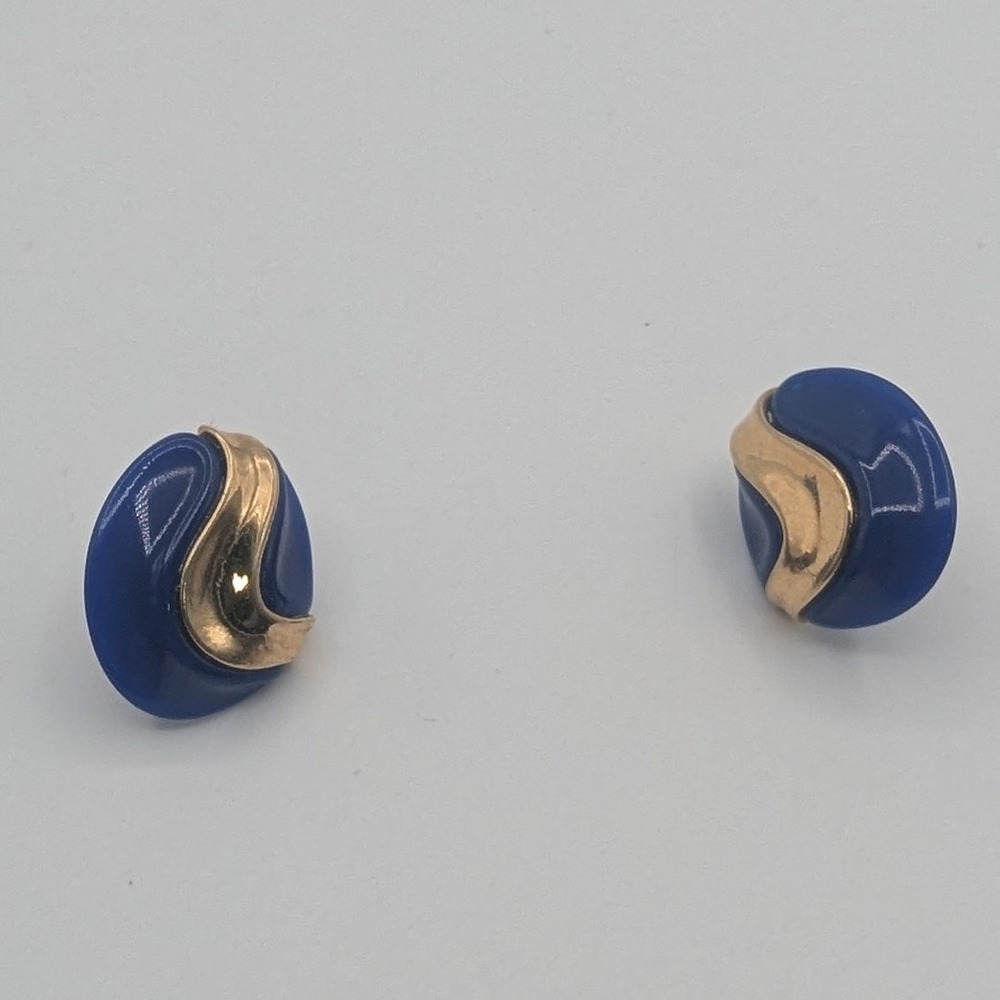 Vintage Cobalt Blue Oval Stud Earrings Gold Tone Swirl Accent‎ Post Back Retro
